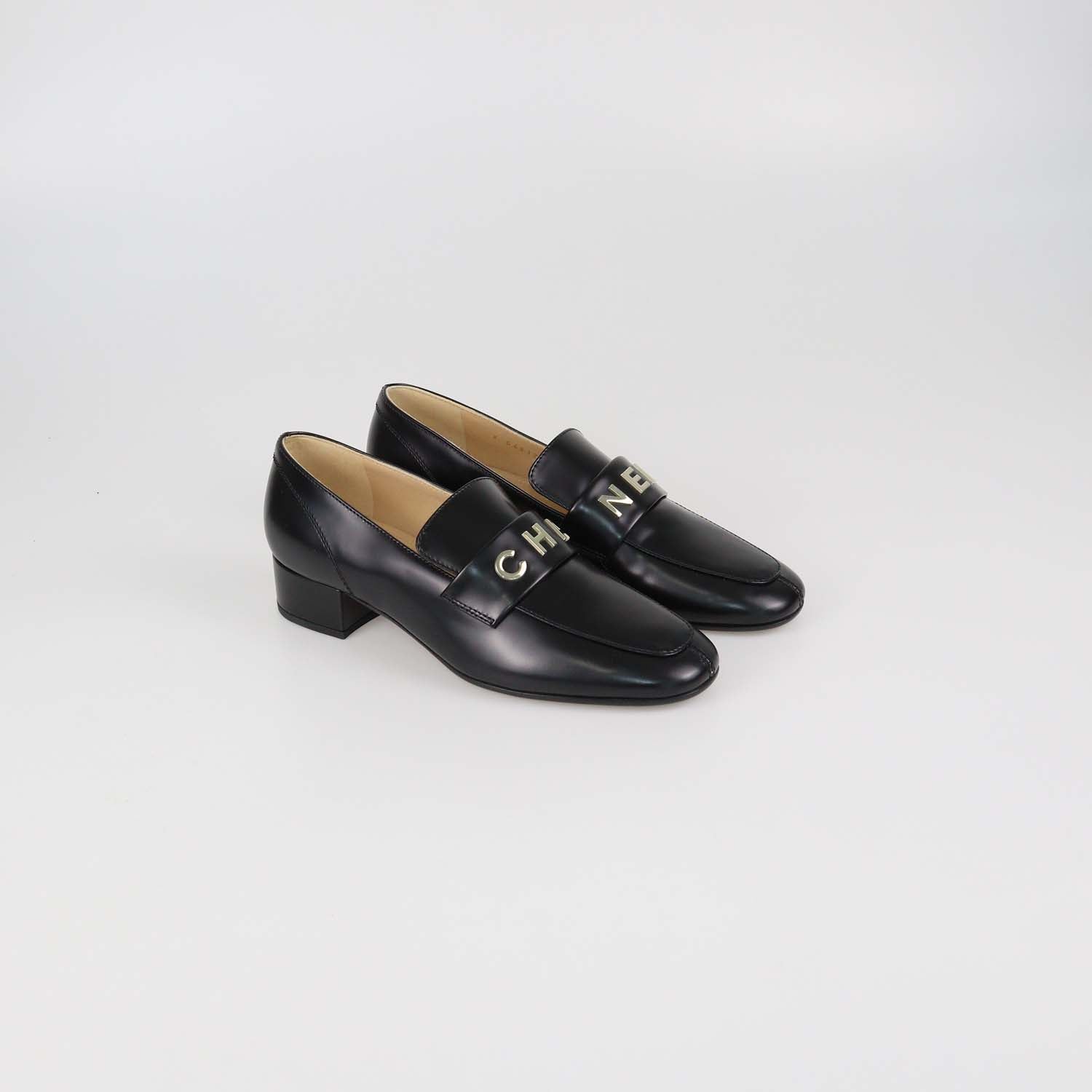 Chanel Black Shiny Leather Logo Loafers