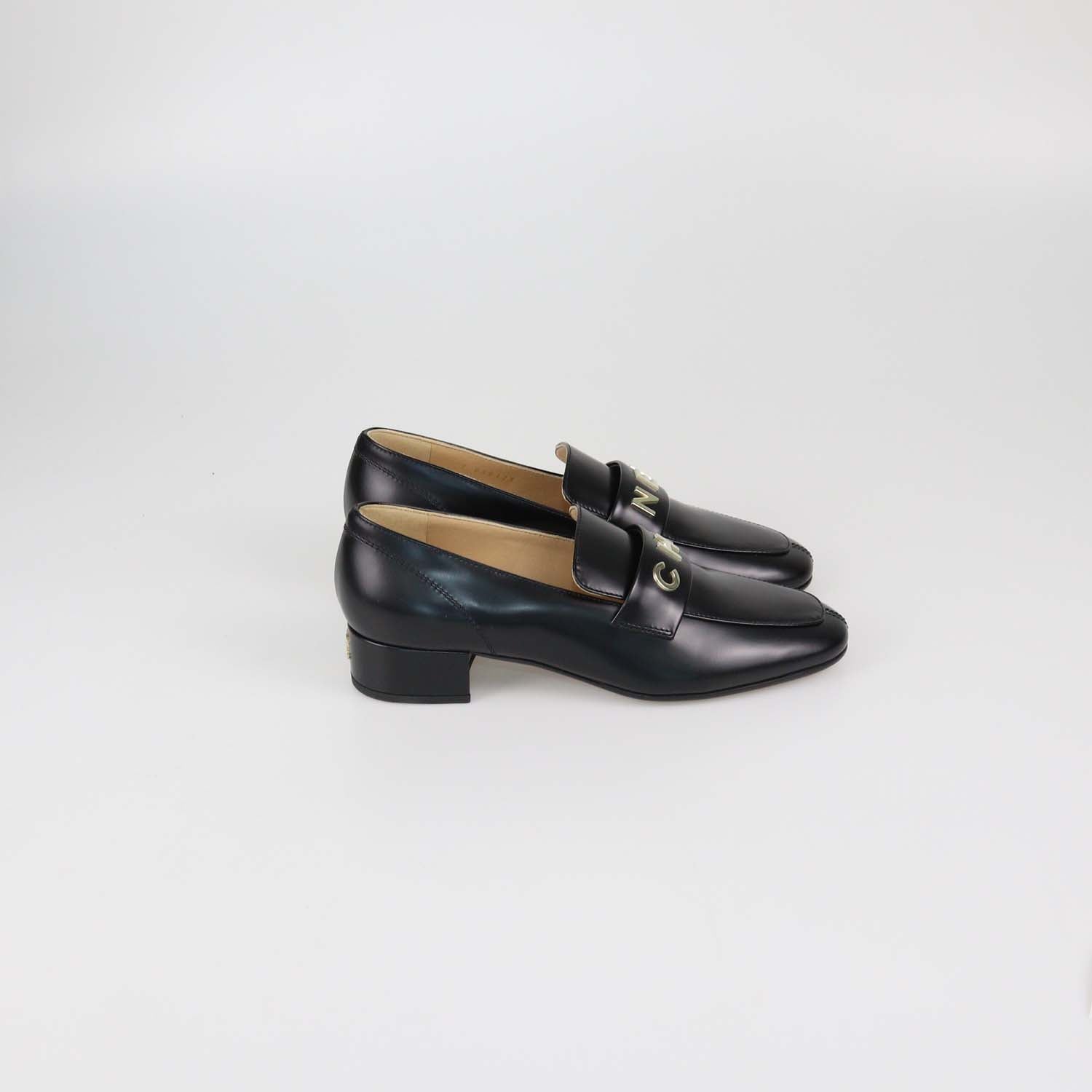 Chanel Black Shiny Leather Logo Loafers