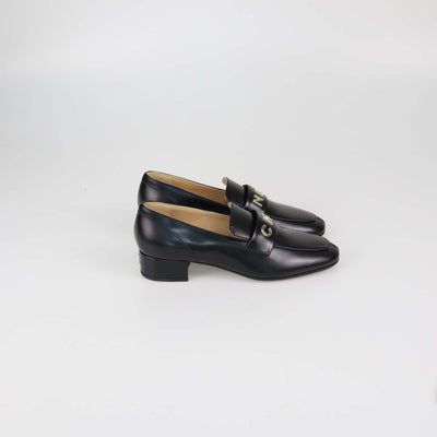 Chanel Black Shiny Leather Logo Loafers