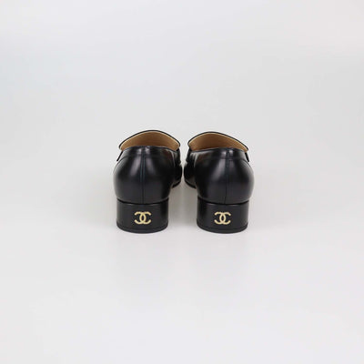 Chanel Black Shiny Leather Logo Loafers