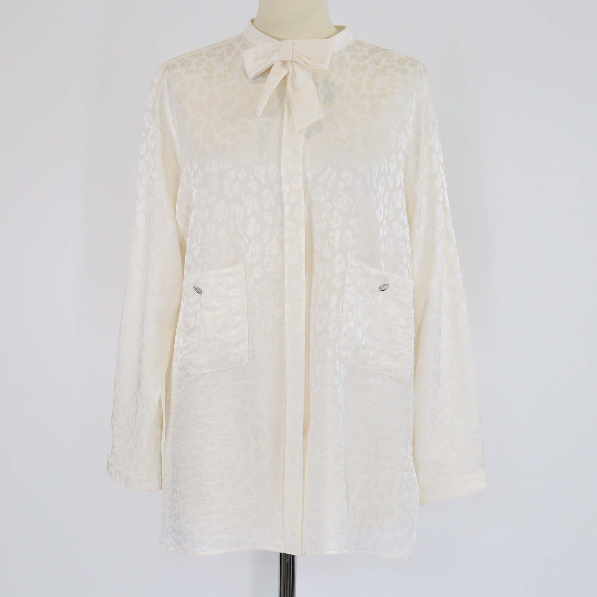 Chanel Ivory Jacquard Bow Tie Detail Long Sleeve Blouse Womens Chanel 
