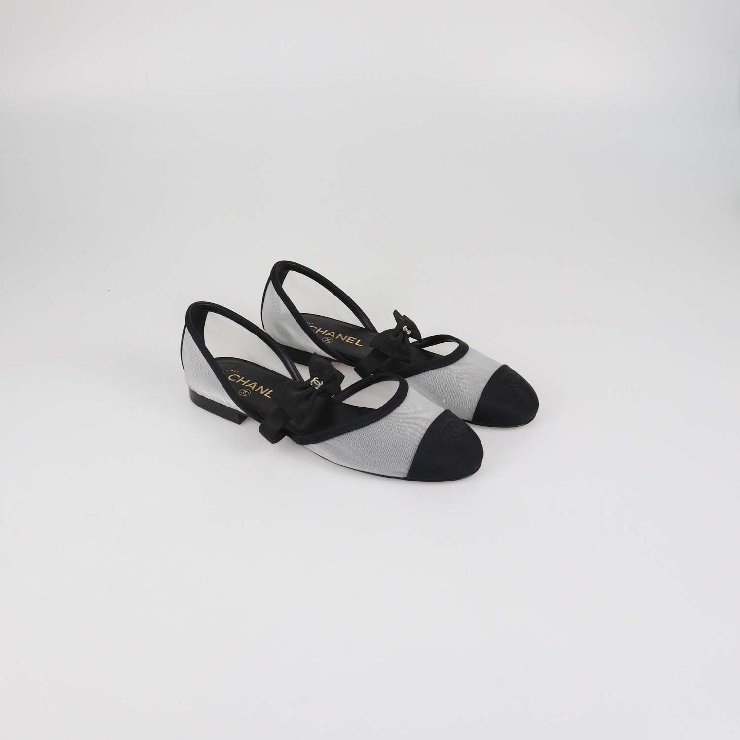 Chanel Black Mesh and Fabric Bow Mary Jane Cap Toe Flats