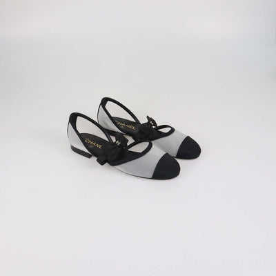 Chanel Black Mesh and Fabric Bow Mary Jane Cap Toe Flats