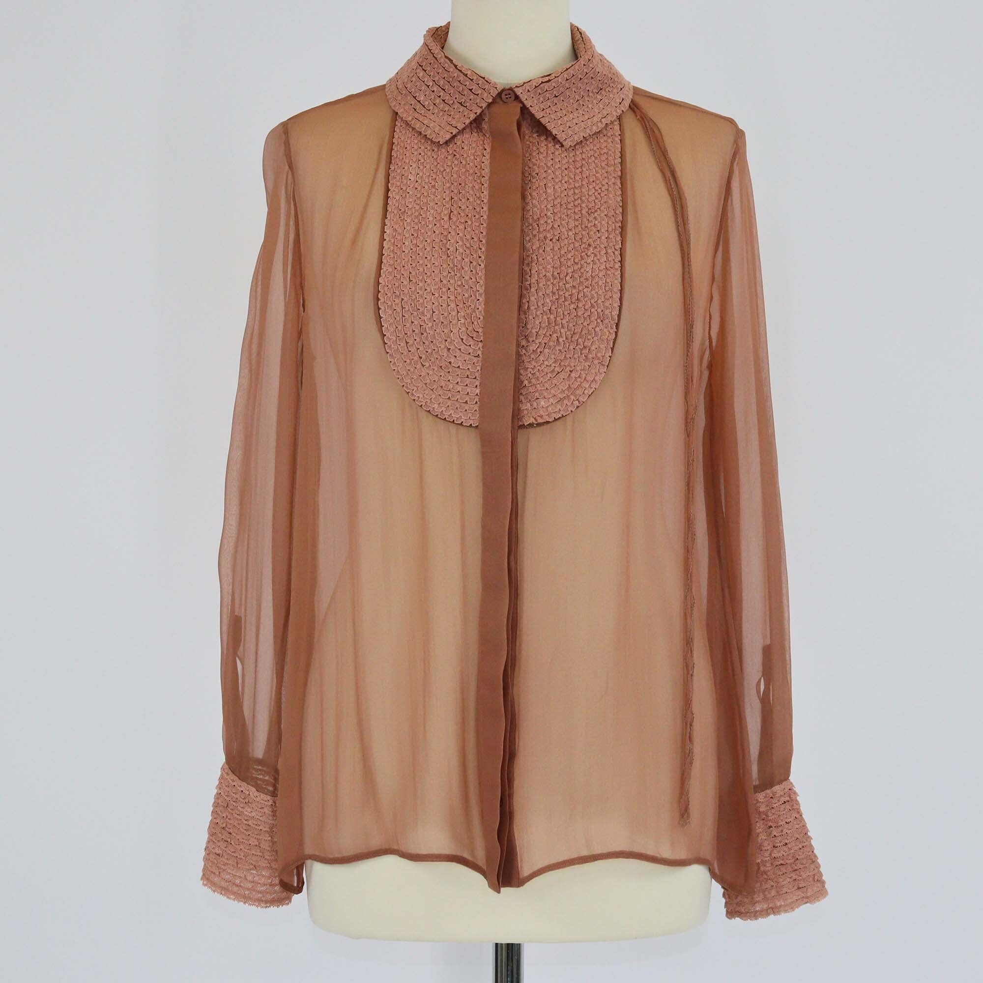 Valentino Old Pink Lace Trimmed Long Sleeve Chiffon Top Womens Valentino 
