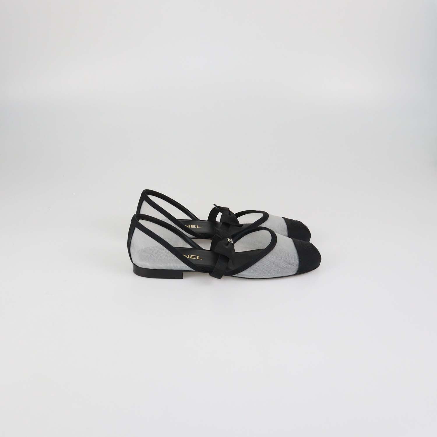 Chanel Black Mesh and Fabric Bow Mary Jane Cap Toe Flats