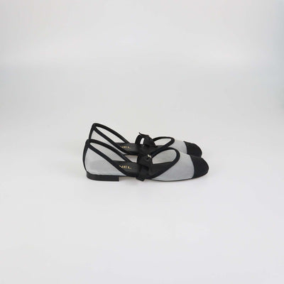 Chanel Black Mesh and Fabric Bow Mary Jane Cap Toe Flats
