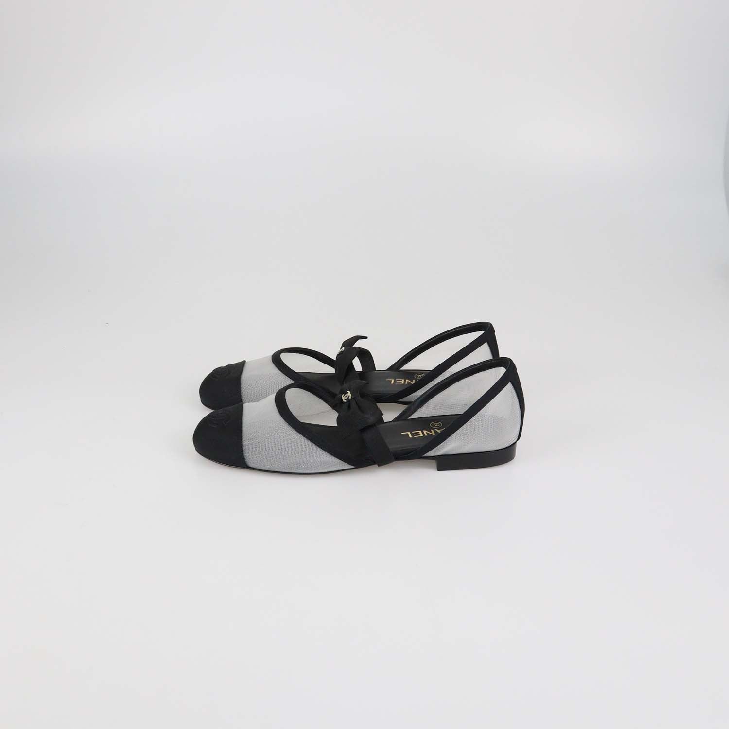 Chanel Black Mesh and Fabric Bow Mary Jane Cap Toe Flats