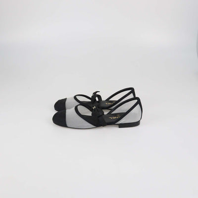 Chanel Black Mesh and Fabric Bow Mary Jane Cap Toe Flats
