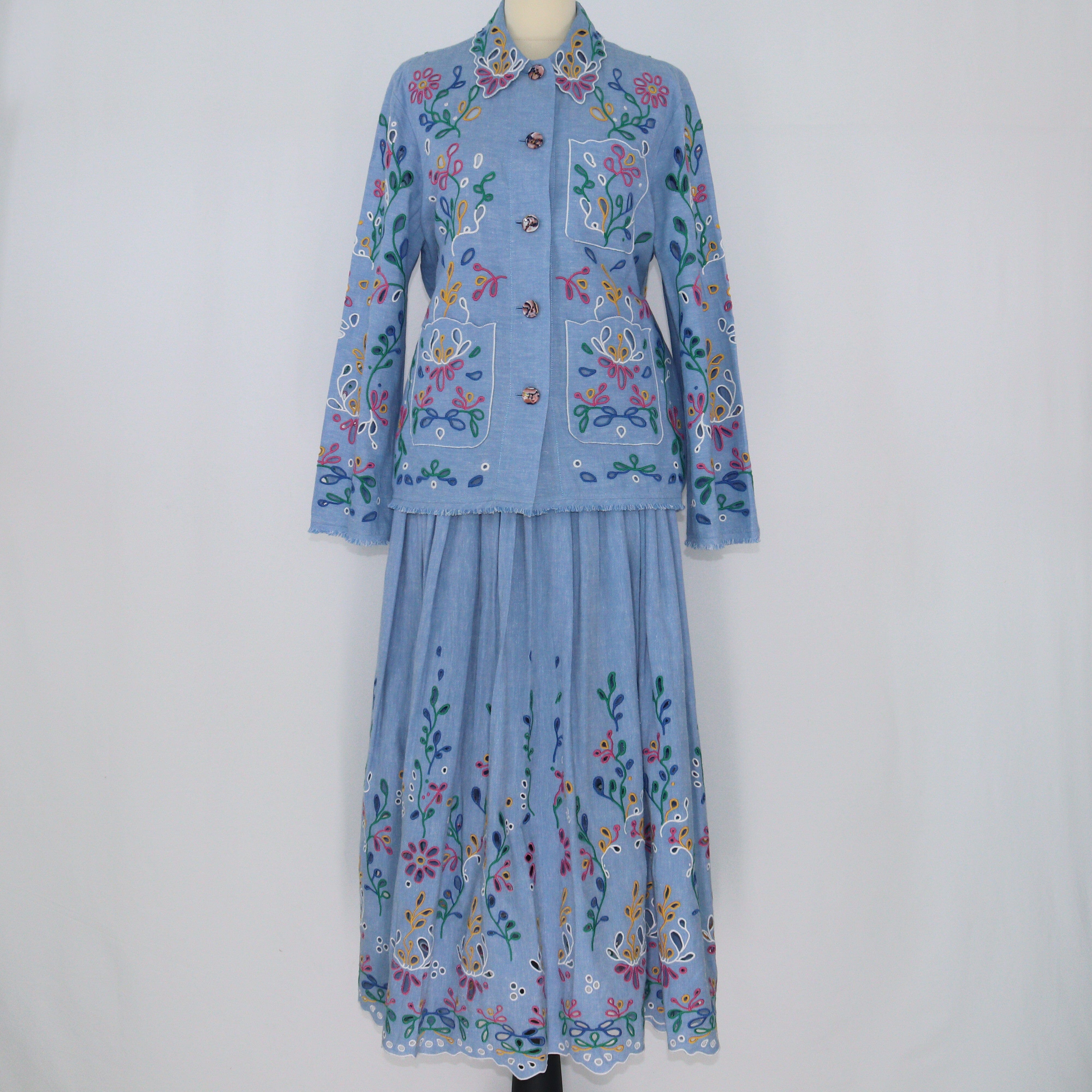 Blue Flower Embroidered Overshirt & Maxi Skirt Set Clothing Chloe 