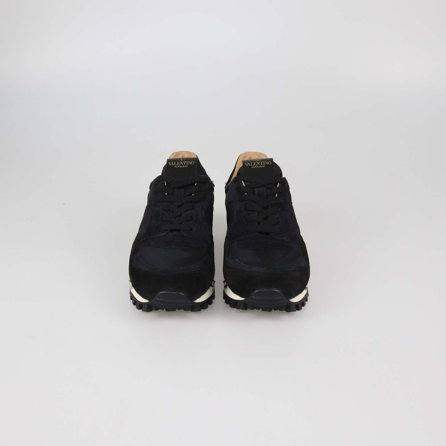 Valentino Black Camouflage Suede and Nylon Rockstud Low Top Sneakers