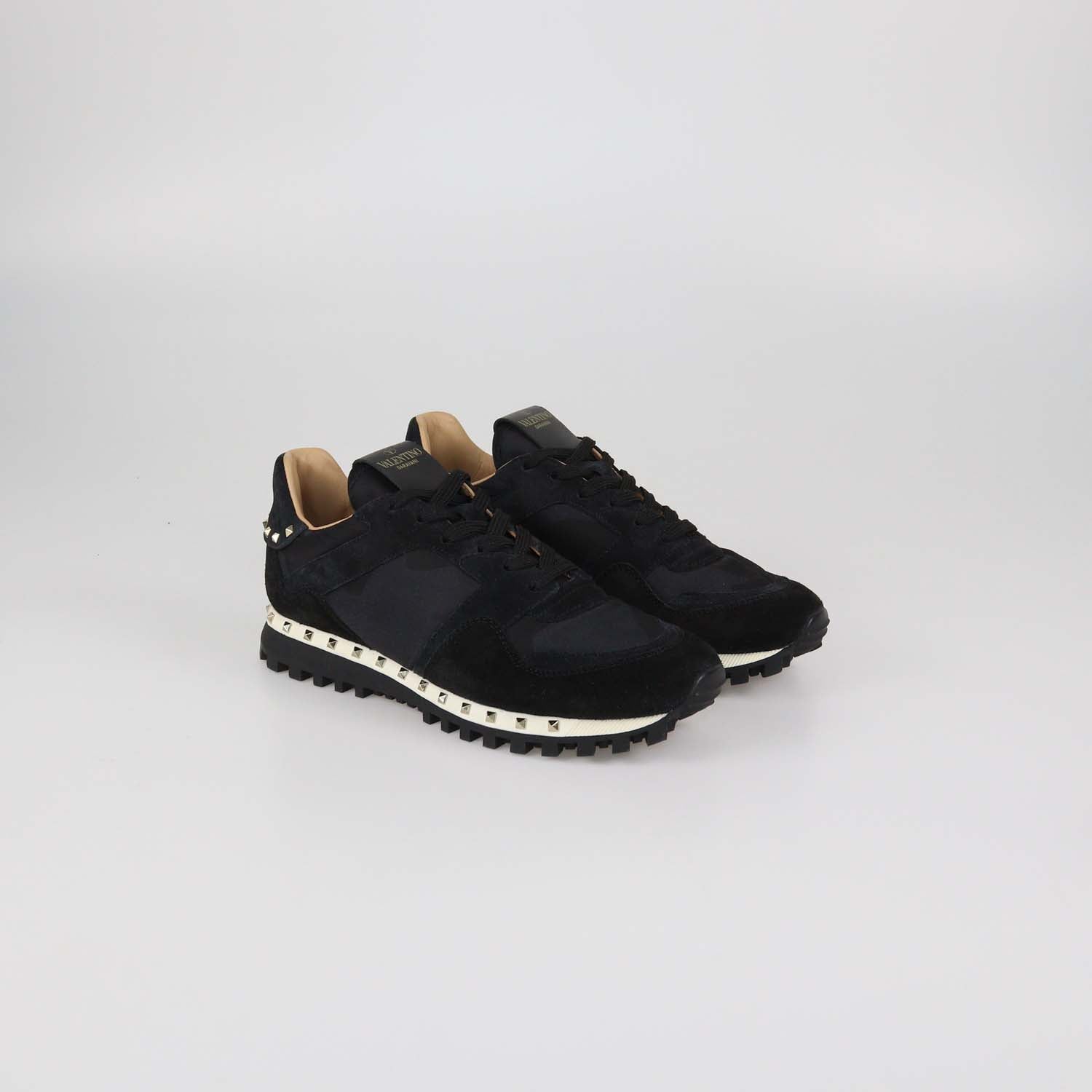 Valentino Black Camouflage Suede and Nylon Rockstud Low Top Sneakers