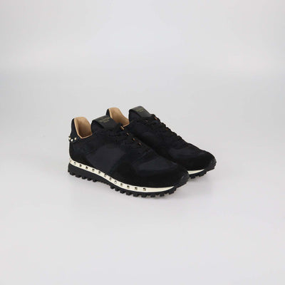 Valentino Black Camouflage Suede and Nylon Rockstud Low Top Sneakers