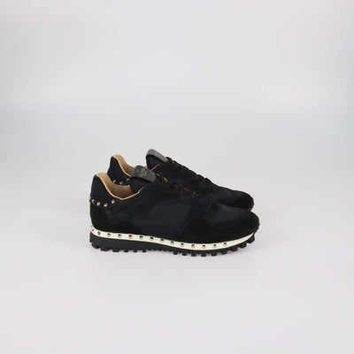 Valentino Black Camouflage Suede and Nylon Rockstud Low Top Sneakers