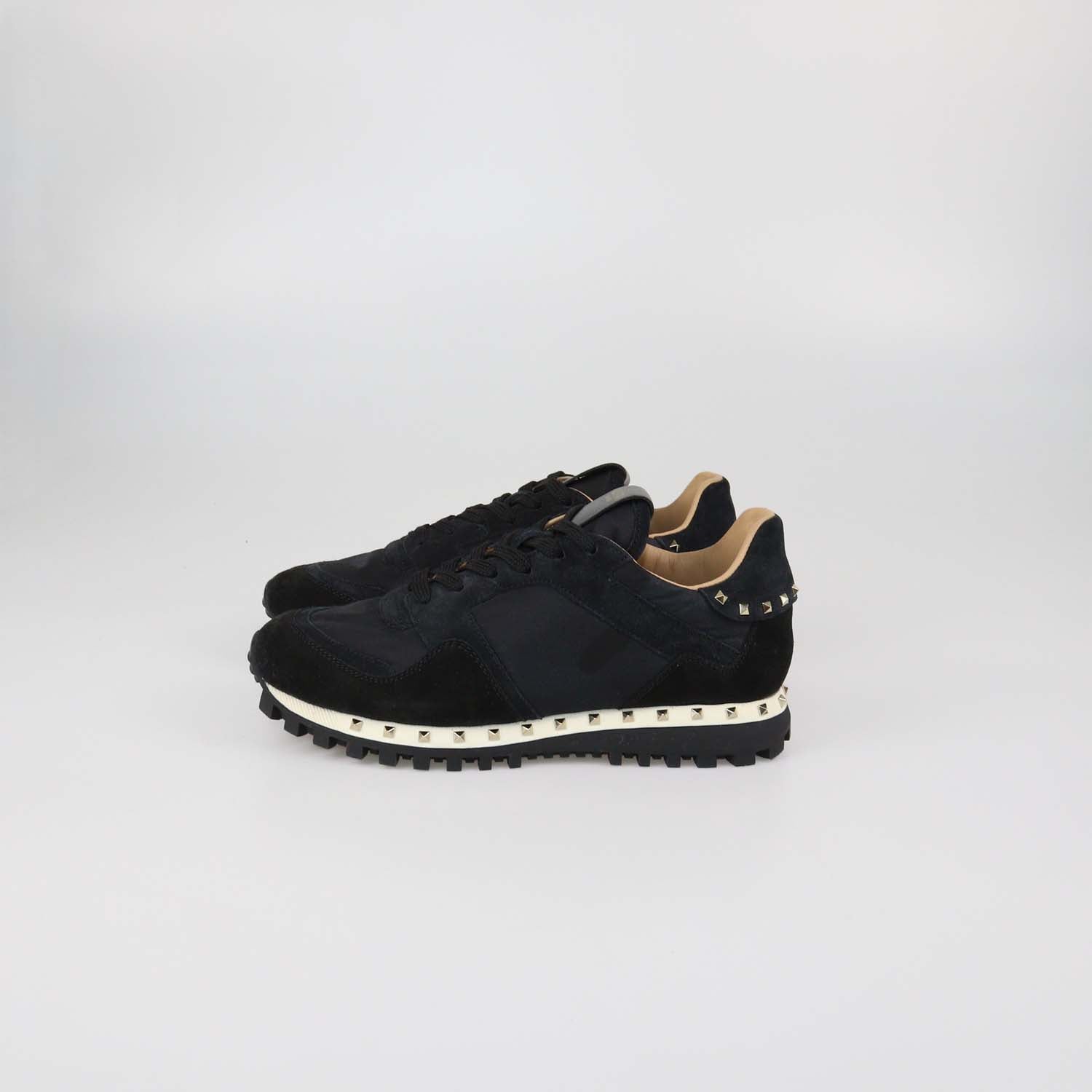 Valentino Black Camouflage Suede and Nylon Rockstud Low Top Sneakers