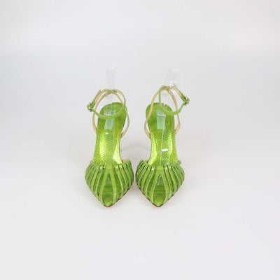 Giannico Metallic Green Snake Embossed Caged Ankle Strap Sandals
