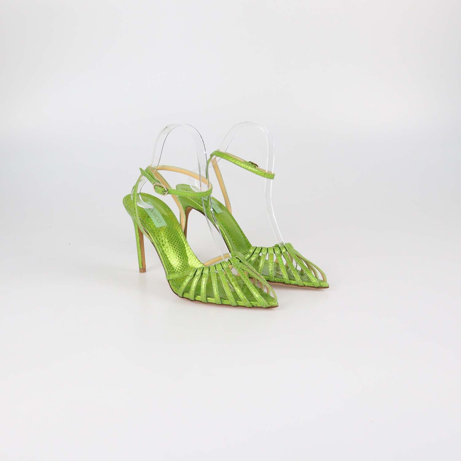 Giannico Metallic Green Snake Embossed Caged Ankle Strap Sandals