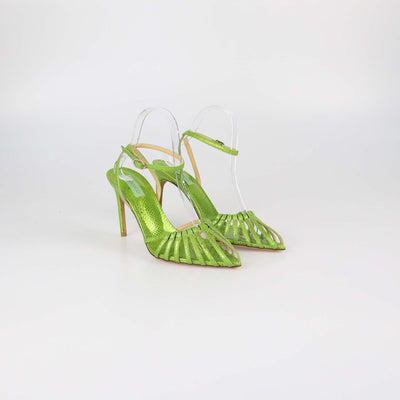 Giannico Metallic Green Snake Embossed Caged Ankle Strap Sandals