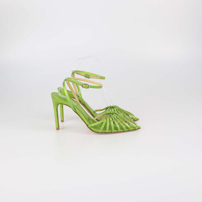 Giannico Metallic Green Snake Embossed Caged Ankle Strap Sandals