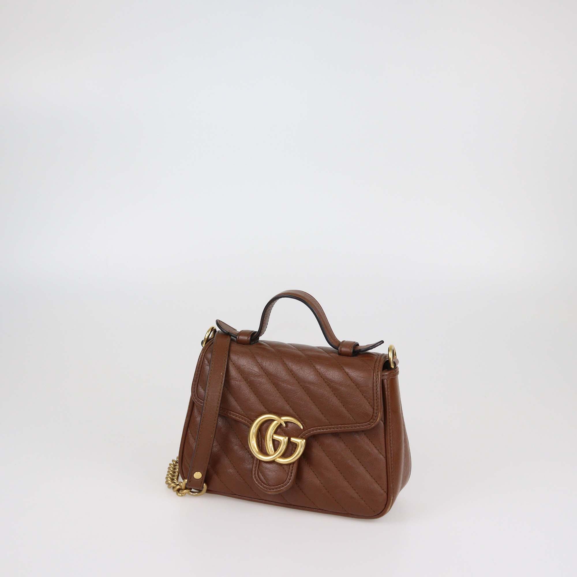 Gucci Brown Matelasse Leather Mini GG Marmont Top Handle Bag