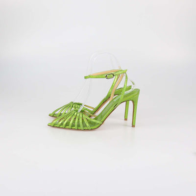 Giannico Metallic Green Snake Embossed Caged Ankle Strap Sandals