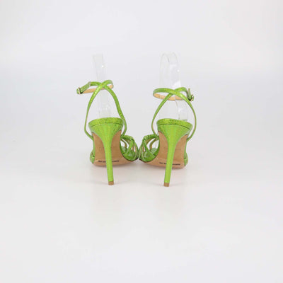 Giannico Metallic Green Snake Embossed Caged Ankle Strap Sandals