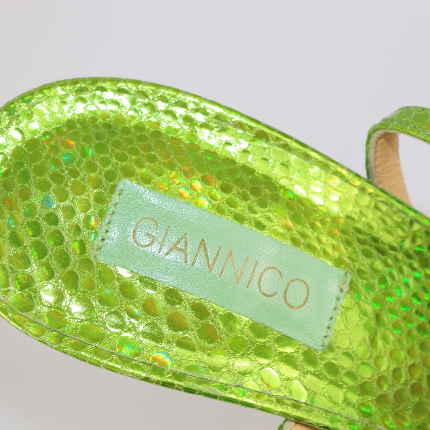 Giannico Metallic Green Snake Embossed Caged Ankle Strap Sandals