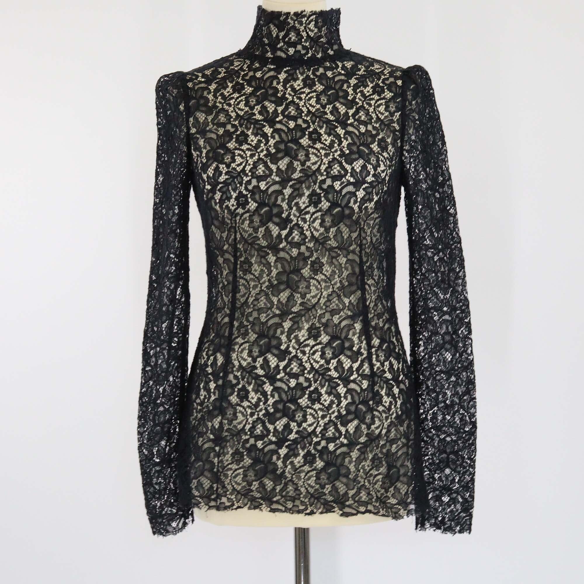 Dolce & Gabbana Black Floral Lace Mock Neck Long Sleeve Shirt Womens Dolce & Gabbana 