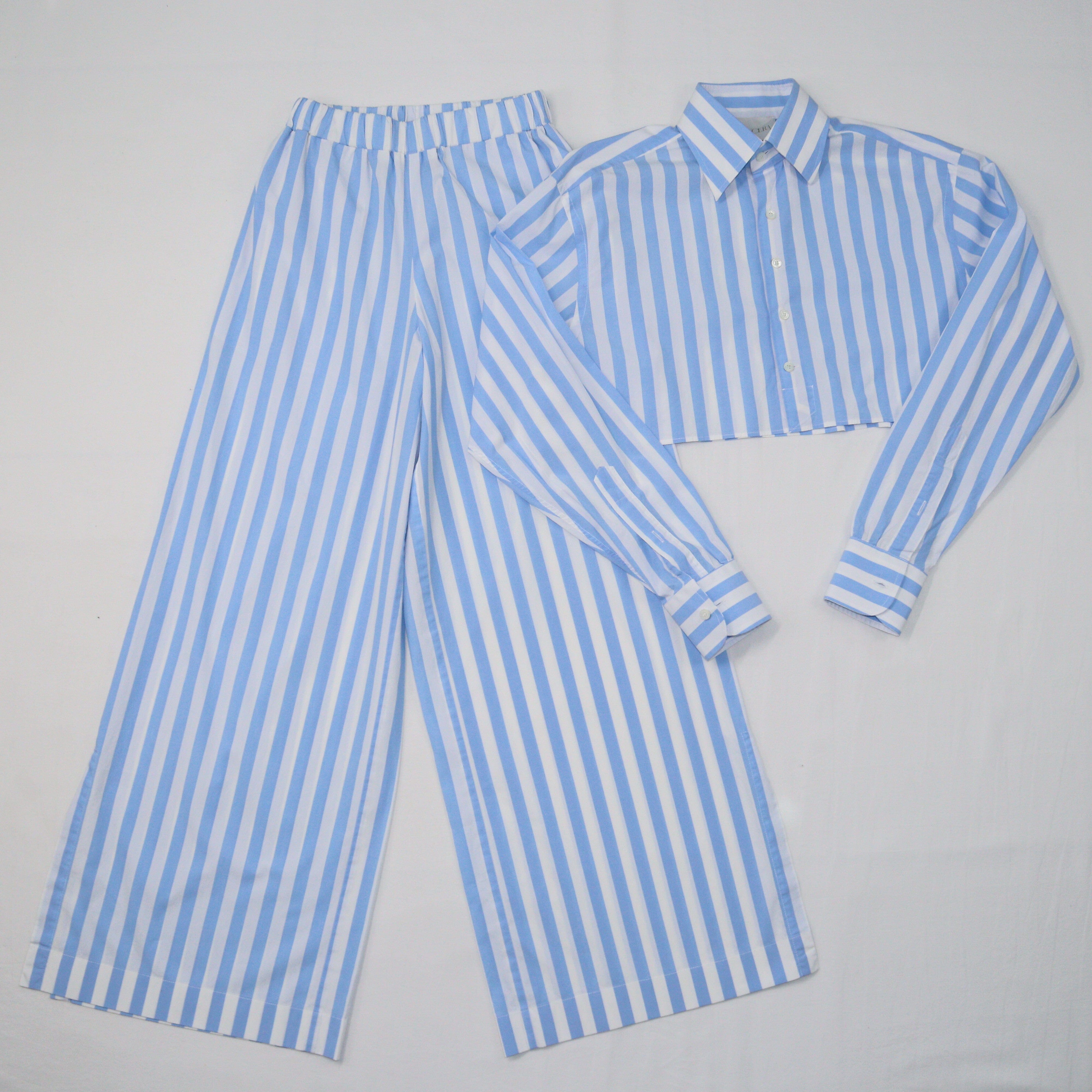 White/Blue Stripes Skirt & Pants Set Clothing Woera 