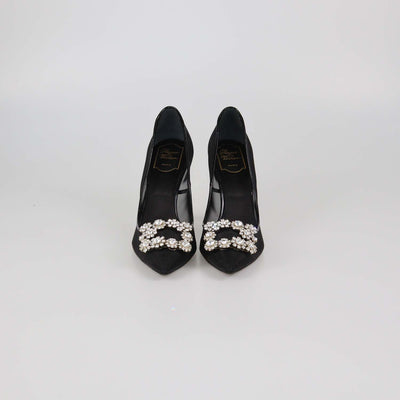 Roger Vivier Black Mesh Flower Strap Embellished Pumps