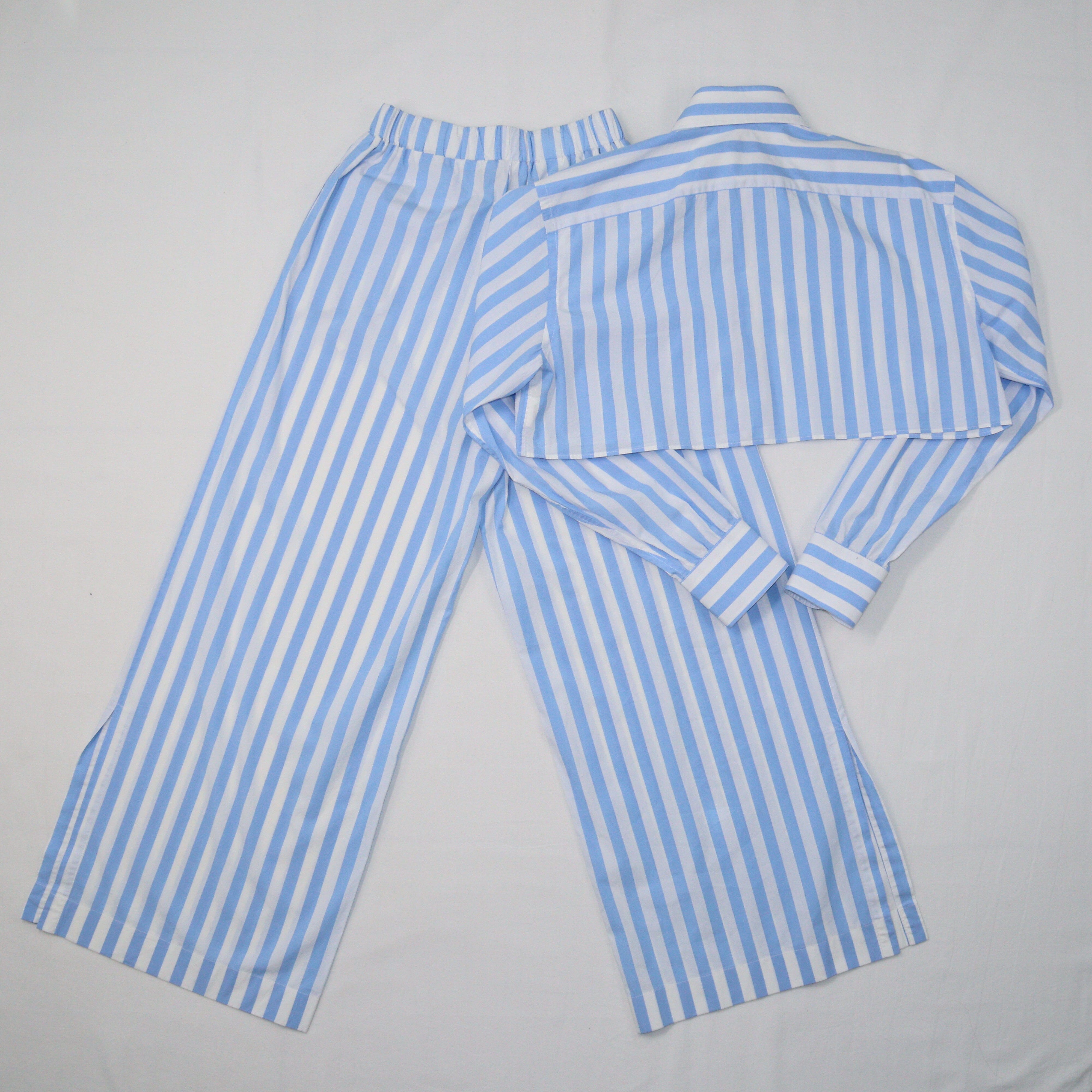 White/Blue Stripes Skirt & Pants Set Clothing Woera 