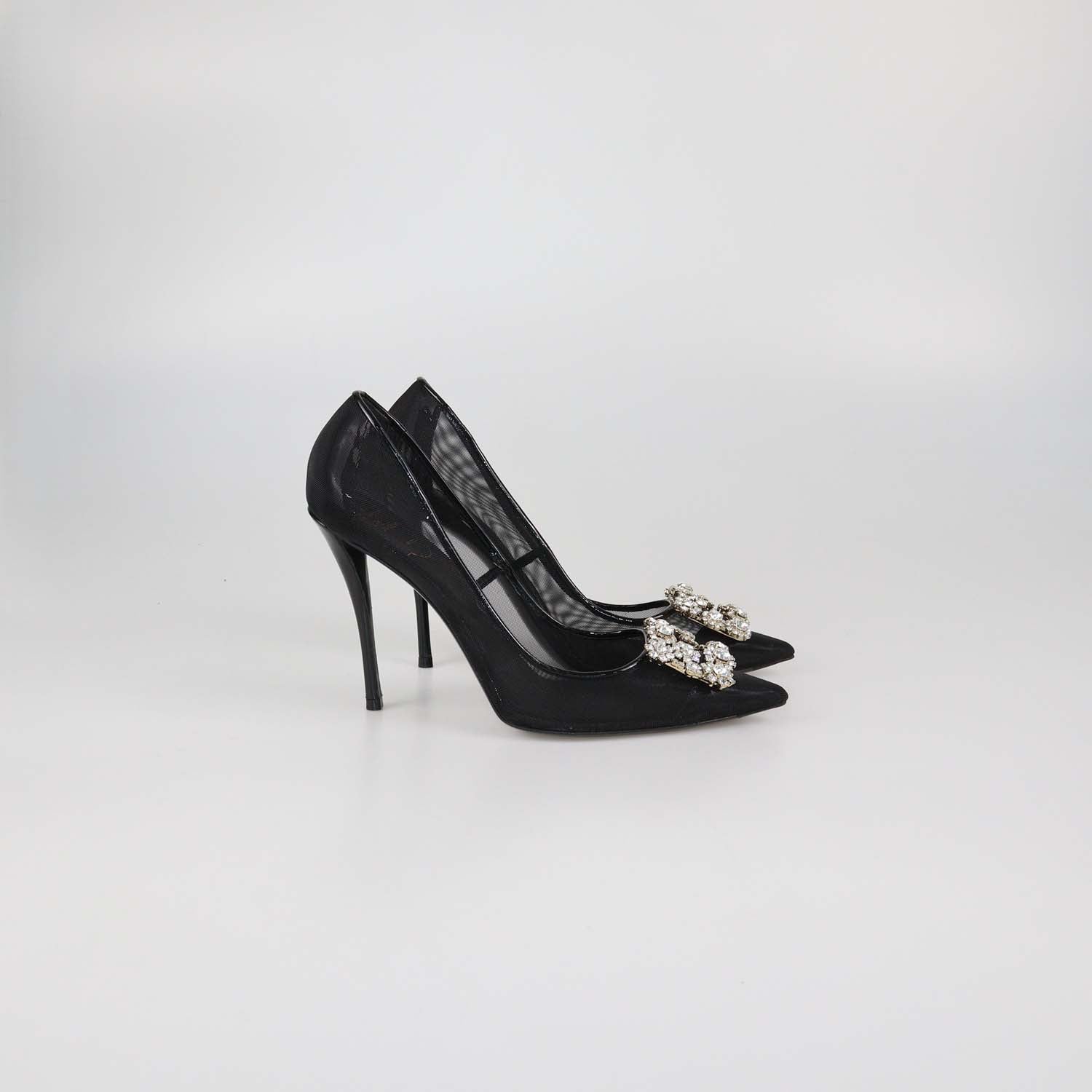 Roger Vivier Black Mesh Flower Strap Embellished Pumps