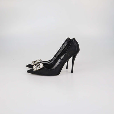 Roger Vivier Black Mesh Flower Strap Embellished Pumps