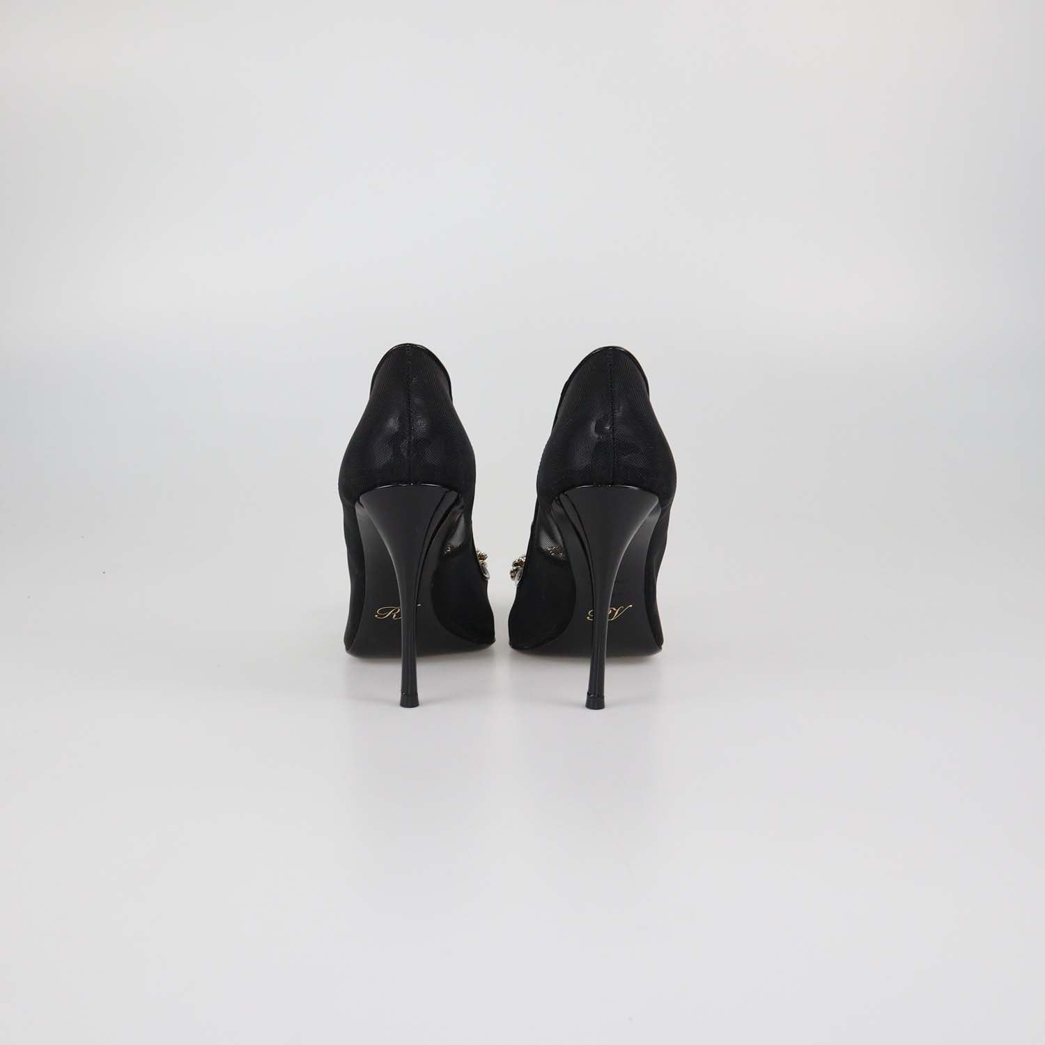 Roger Vivier Black Mesh Flower Strap Embellished Pumps