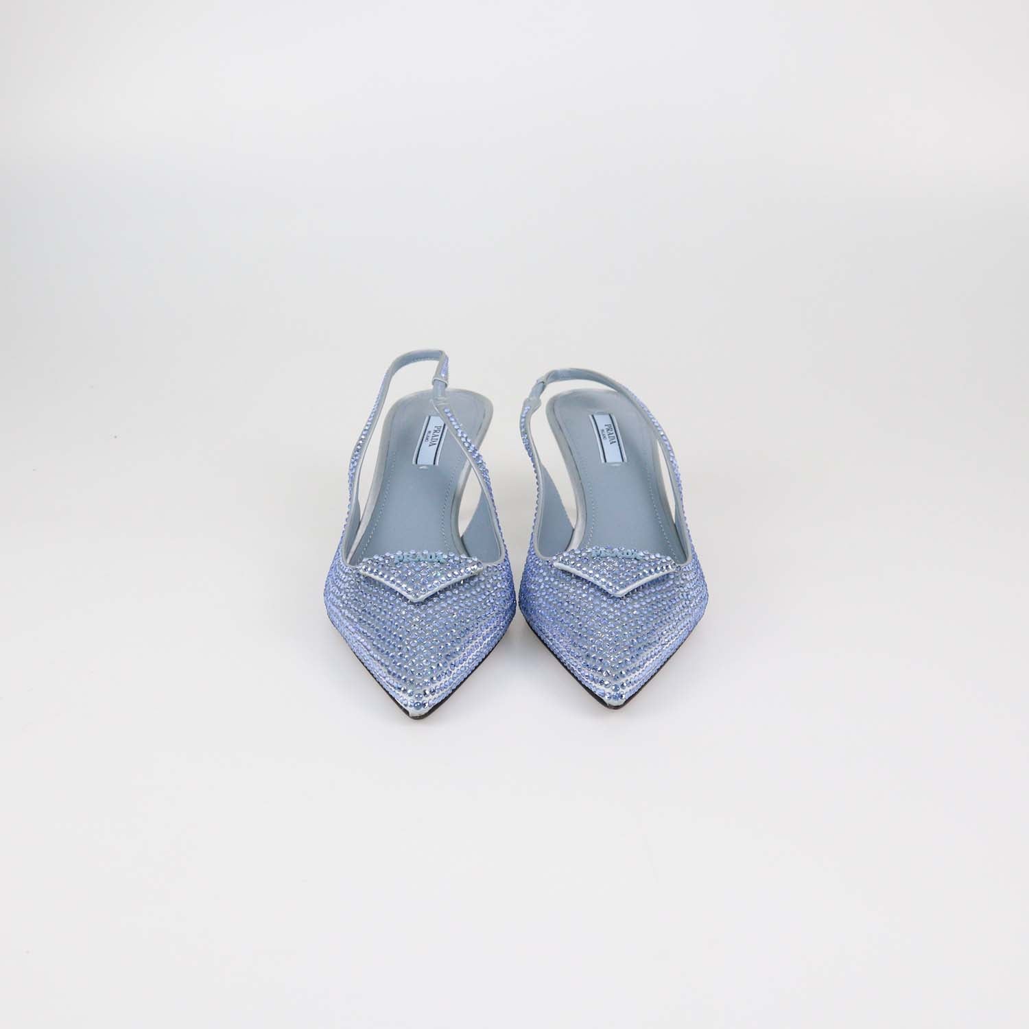 Prada Light Blue Satin Crystal Embellished Slingback Pumps