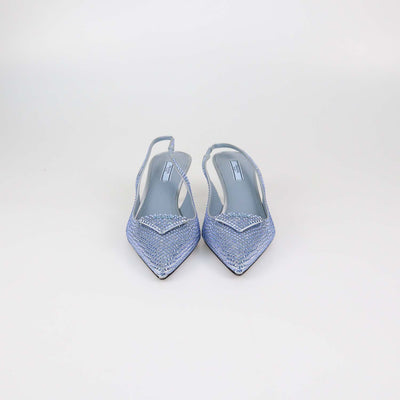 Prada Light Blue Satin Crystal Embellished Slingback Pumps