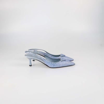 Prada Light Blue Satin Crystal Embellished Slingback Pumps