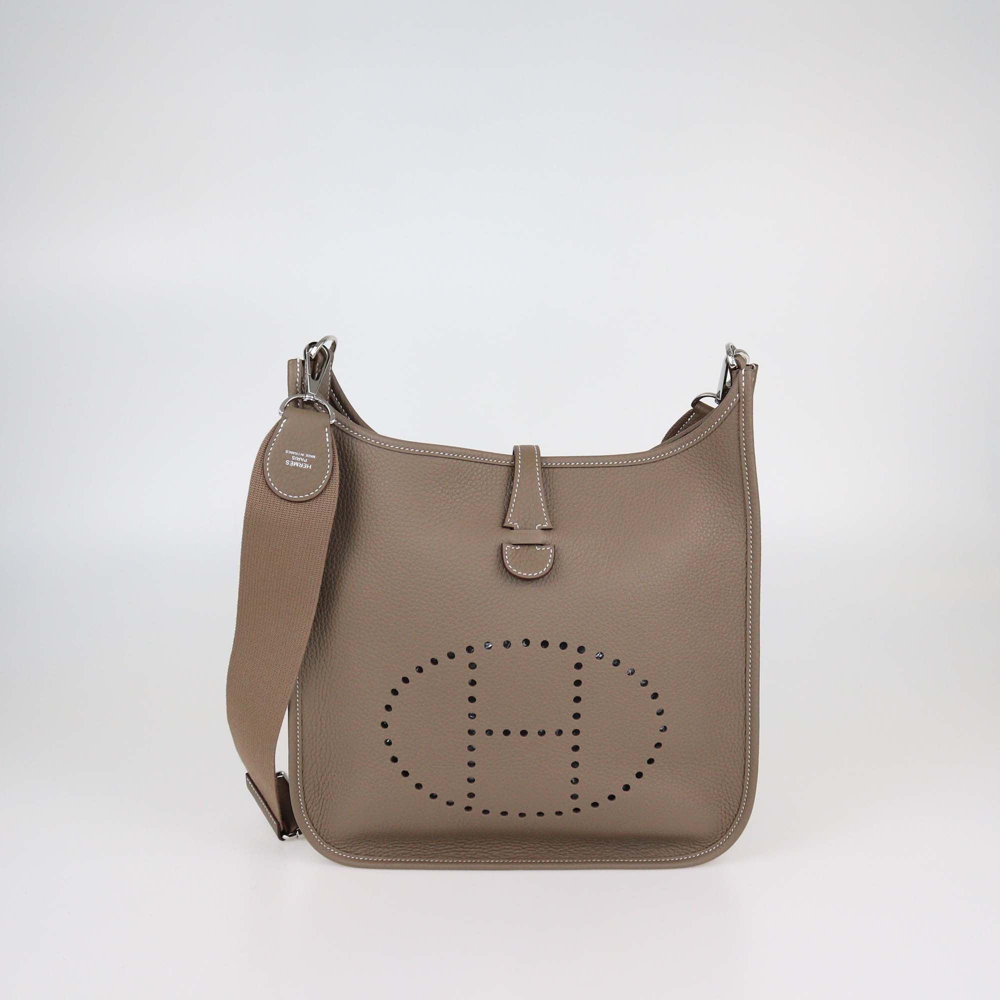 Hermes Etoupe Clemence Leather Evelyne III PM Bag