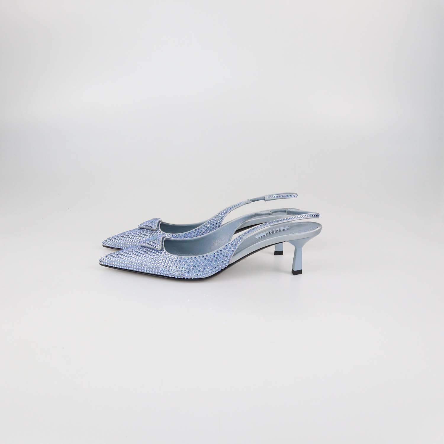 Prada Light Blue Satin Crystal Embellished Slingback Pumps