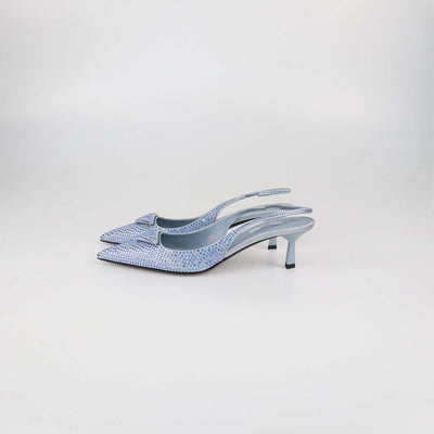Prada Light Blue Satin Crystal Embellished Slingback Pumps