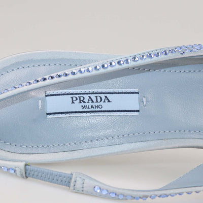 Prada Light Blue Satin Crystal Embellished Slingback Pumps