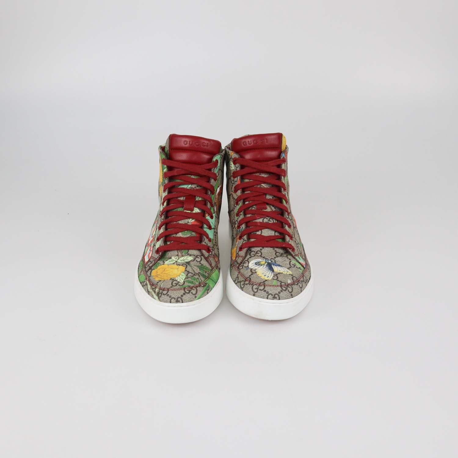 Gucci Beige/Red GG Supreme Canvas Tian Print High Top Sneakers