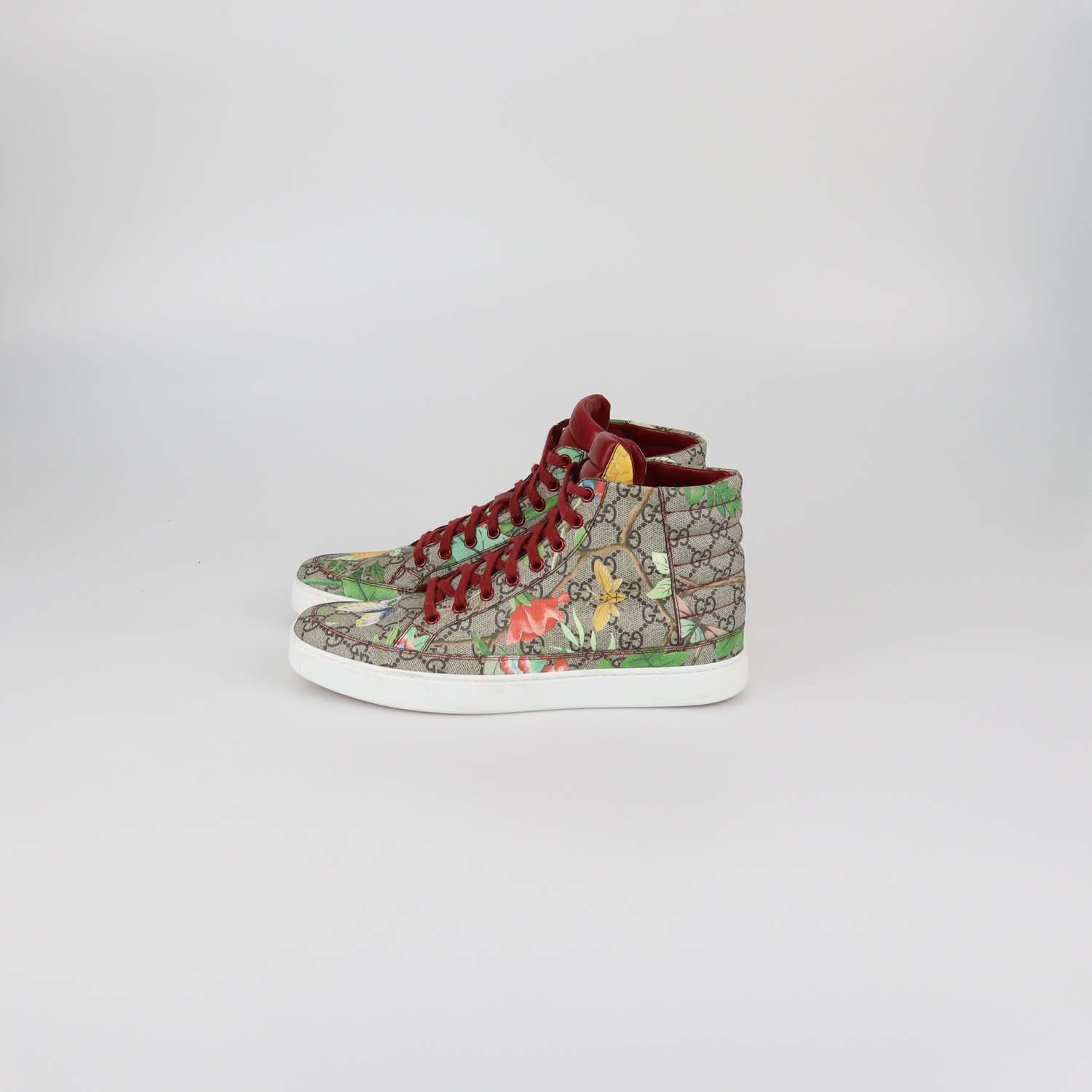 Gucci Beige/Red GG Supreme Canvas Tian Print High Top Sneakers
