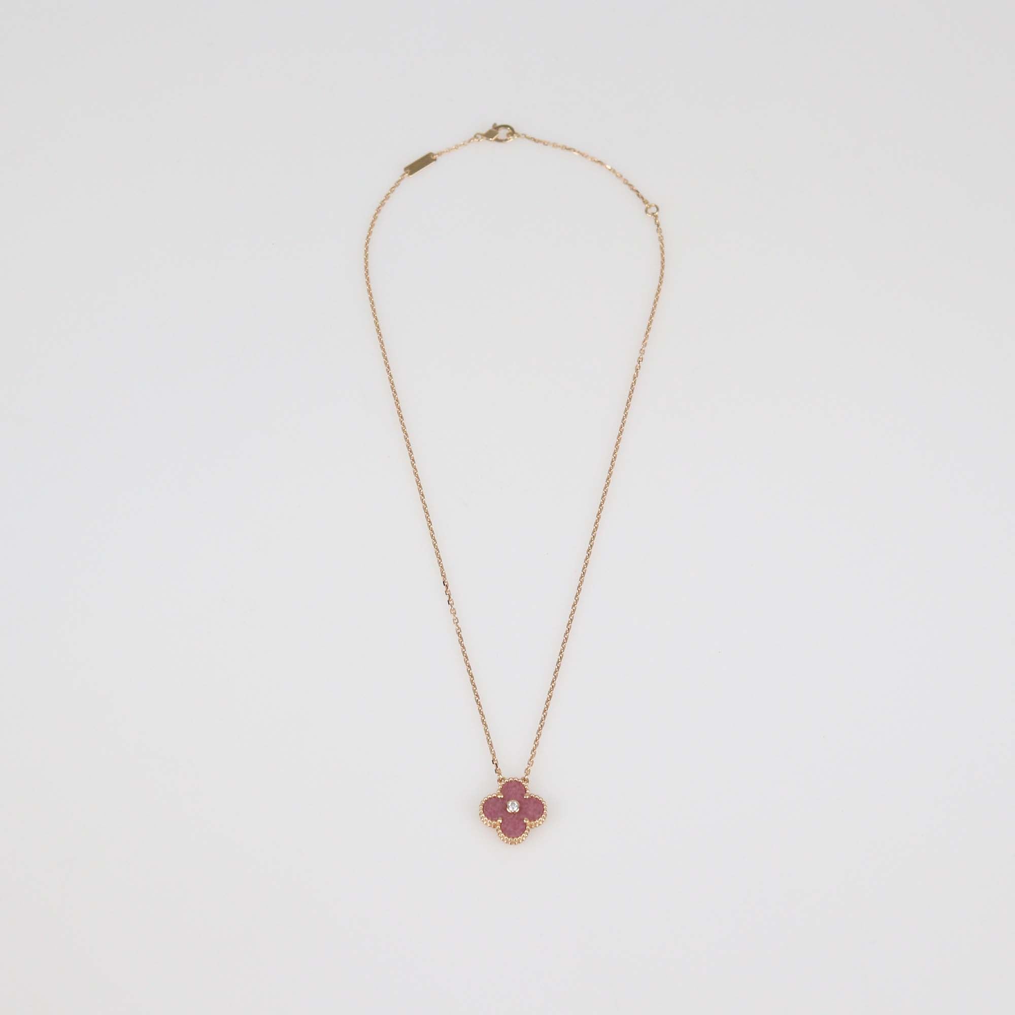 Van Cleef & Arpels Vintage Alhambra 18K Rose Gold Diamond Rhodonite Necklace