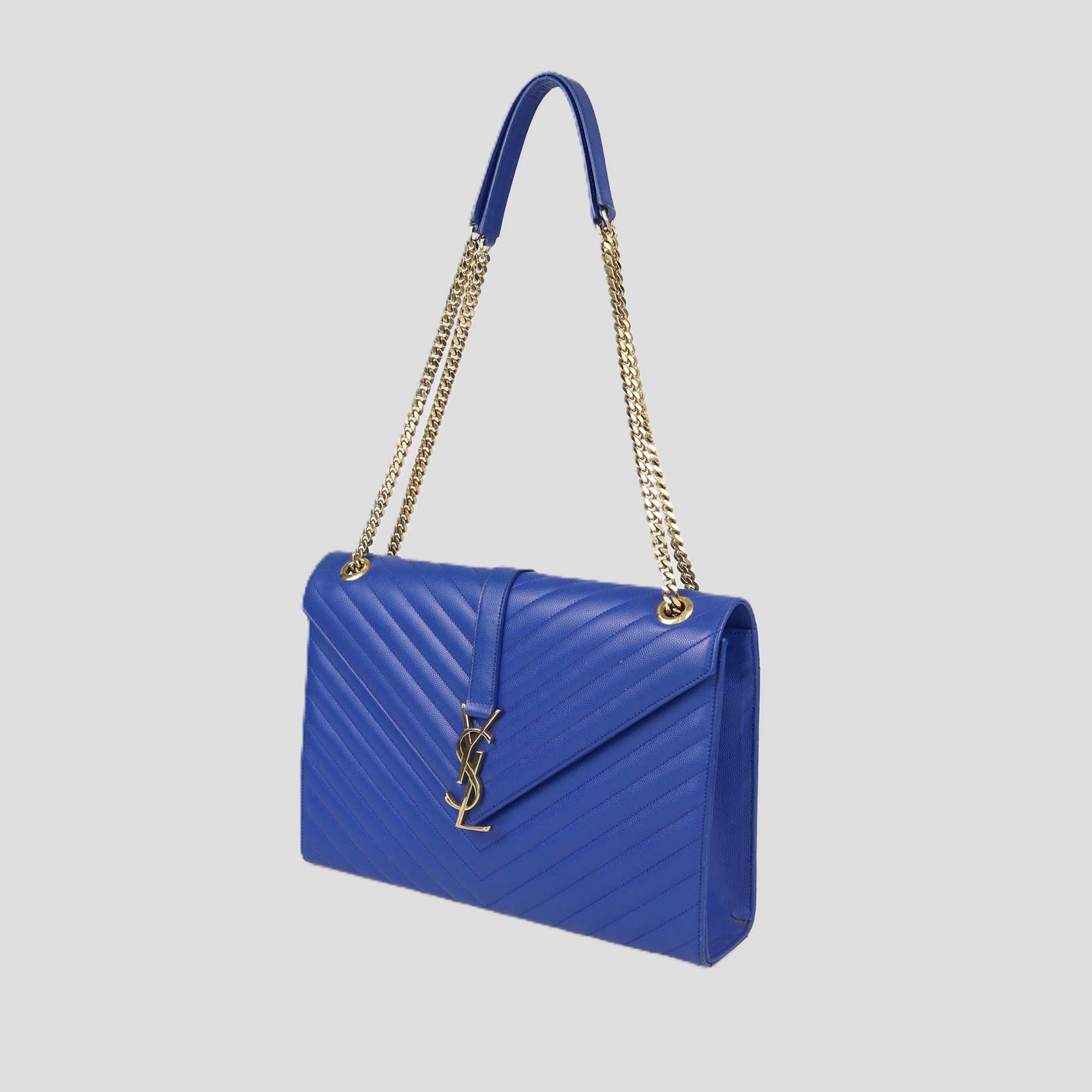 Saint Laurent Blue Chevron Leather Large Envelope Shoulder Bag