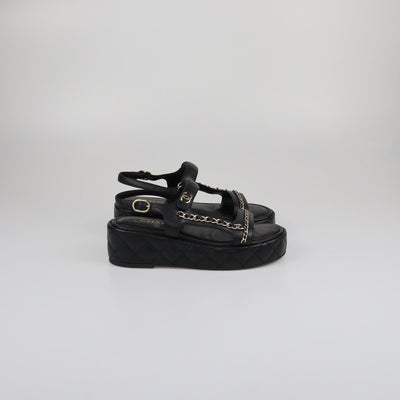 Chanel Black Quilted Chain Wedge Ankle Strap Sandals Womens Chanel 