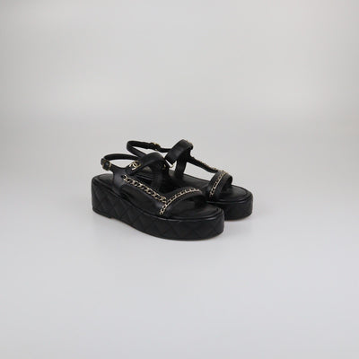 Chanel Black Quilted Chain Wedge Ankle Strap Sandals Womens Chanel 