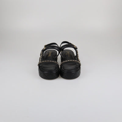 Chanel Black Quilted Chain Wedge Ankle Strap Sandals Womens Chanel 