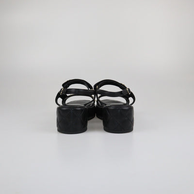 Chanel Black Quilted Chain Wedge Ankle Strap Sandals Womens Chanel 