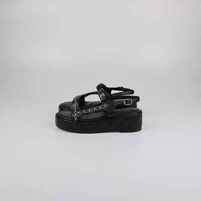 Chanel Black Quilted Chain Wedge Ankle Strap Sandals Womens Chanel 