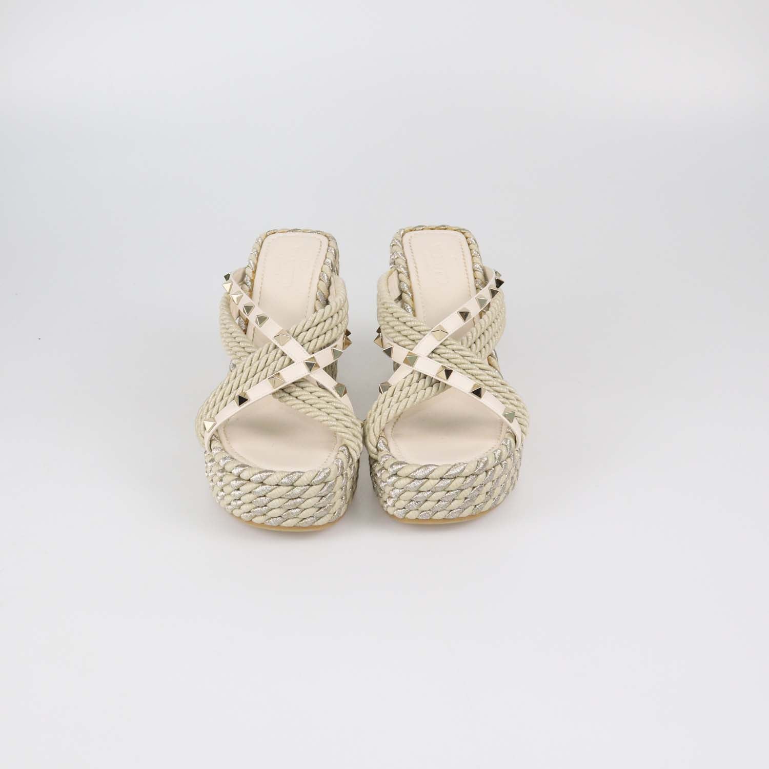 Valentino Ivory Raffia and Leather Rockstud Torchon Wedge Sandals